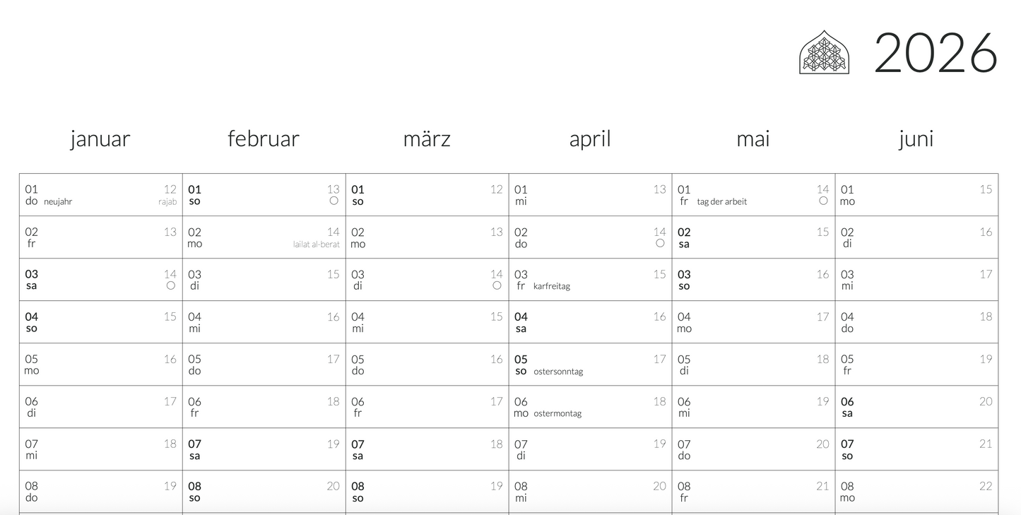 Sonnen- und Hijrikalender - Kalenderjahr 2025 